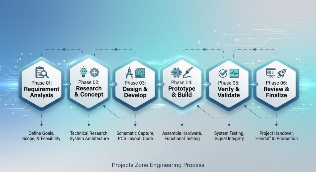 Our engineering process invloves Requirements Schematic and PCB Firmware Testing and shipping